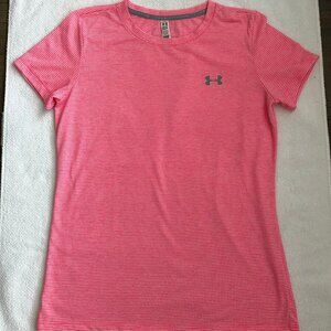 Under Armour Heat Gear Activewear Short Slv Crew Neck Stripe Top Pink Wht Sz XS